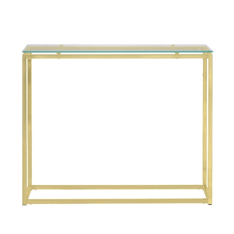 Console avec plateau en verre – Transparent / Noir / Doré, piétement traîneau moderne en acier, pour une personne