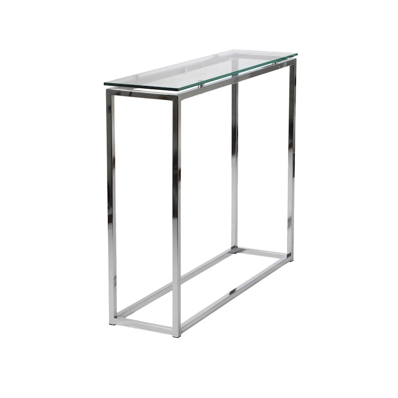 Console avec plateau en verre – Transparent / Noir / Doré, piétement traîneau moderne en acier, pour une personne