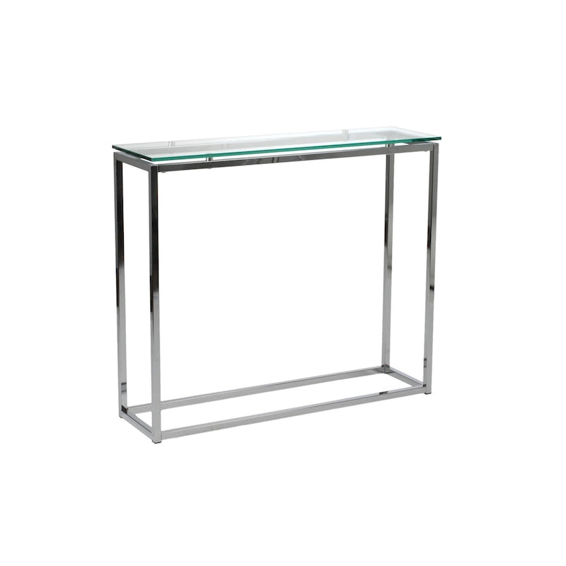 Console avec plateau en verre – Transparent / Noir / Doré, piétement traîneau moderne en acier, pour une personne