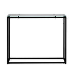 Console avec plateau en verre – Transparent / Noir / Doré, piétement traîneau moderne en acier, pour une personne
