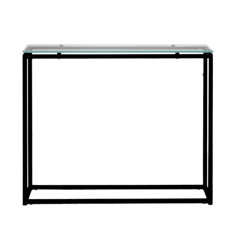 Console avec plateau en verre – Transparent / Noir / Doré, piétement traîneau moderne en acier, pour une personne