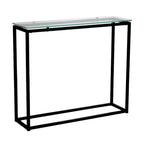 Console avec plateau en verre – Transparent / Noir / Doré, piétement traîneau moderne en acier, pour une personne
