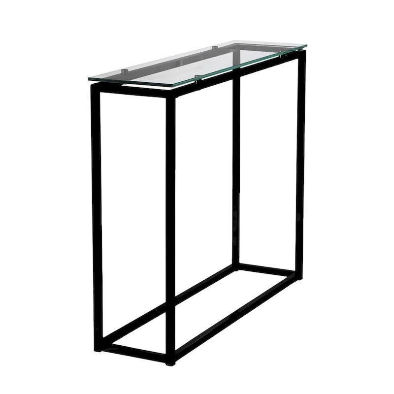 Console avec plateau en verre – Transparent / Noir / Doré, piétement traîneau moderne en acier, pour une personne