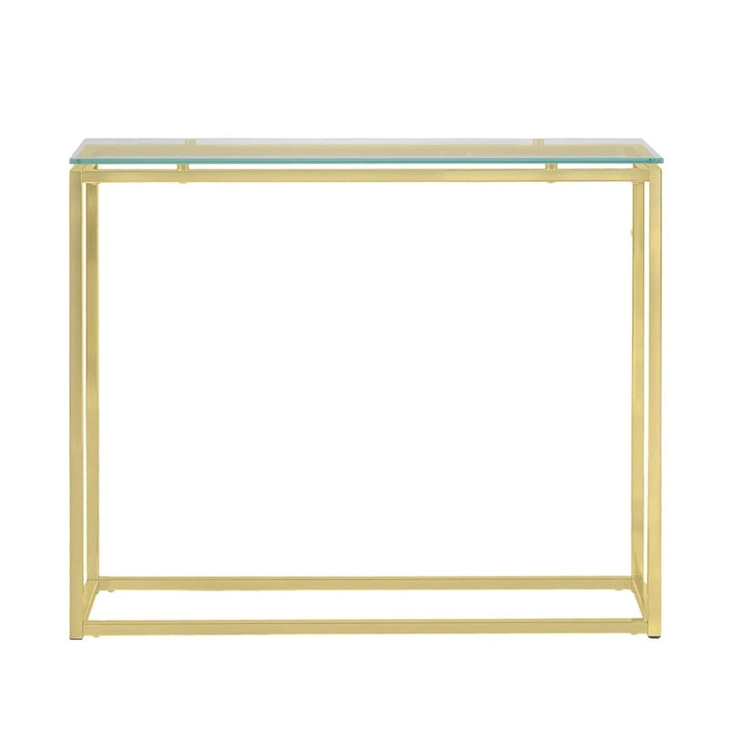 Console avec plateau en verre – Transparent / Noir / Doré, piétement traîneau moderne en acier, pour une personne