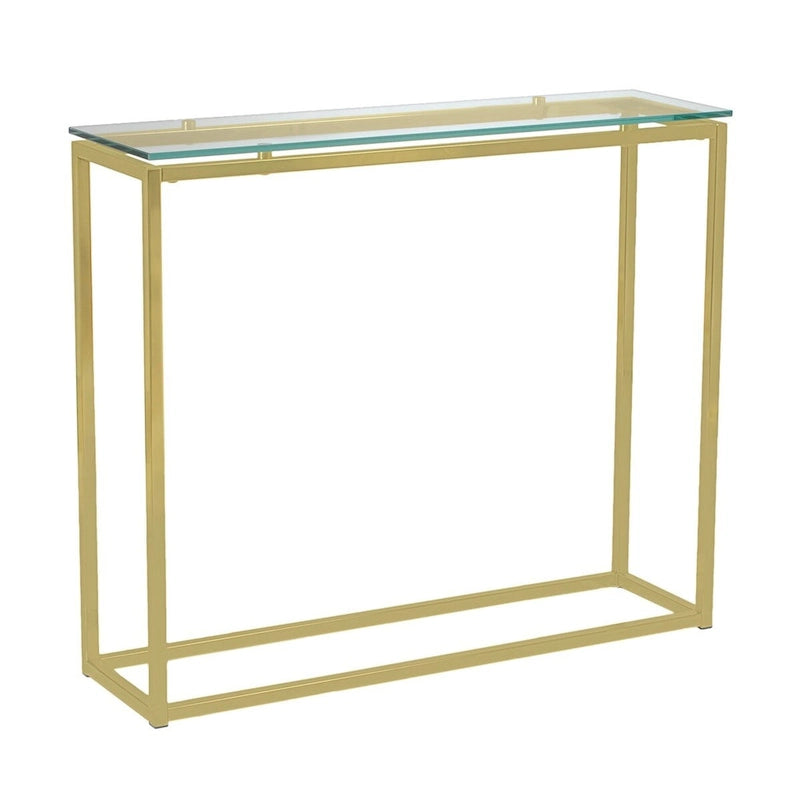 Console avec plateau en verre – Transparent / Noir / Doré, piétement traîneau moderne en acier, pour une personne