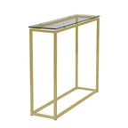 Console avec plateau en verre – Transparent / Noir / Doré, piétement traîneau moderne en acier, pour une personne