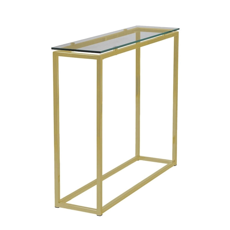 Console avec plateau en verre – Transparent / Noir / Doré, piétement traîneau moderne en acier, pour une personne