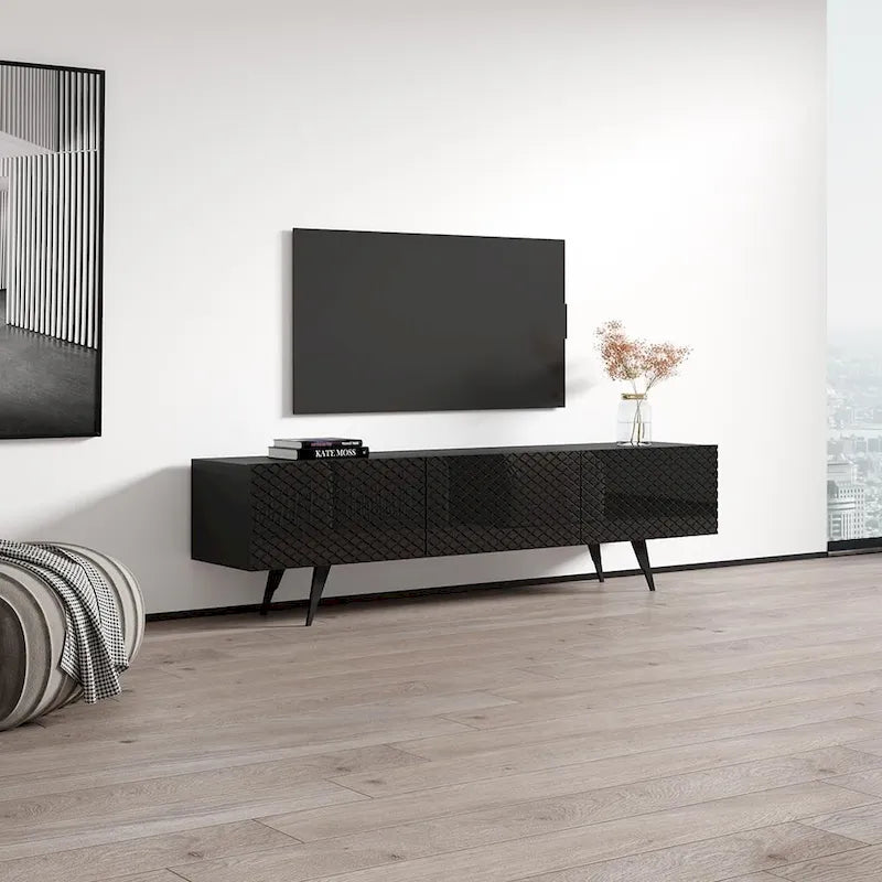 Meuble TV moderne laqué noir/blanc pour TV jusqu'à 80 pouces