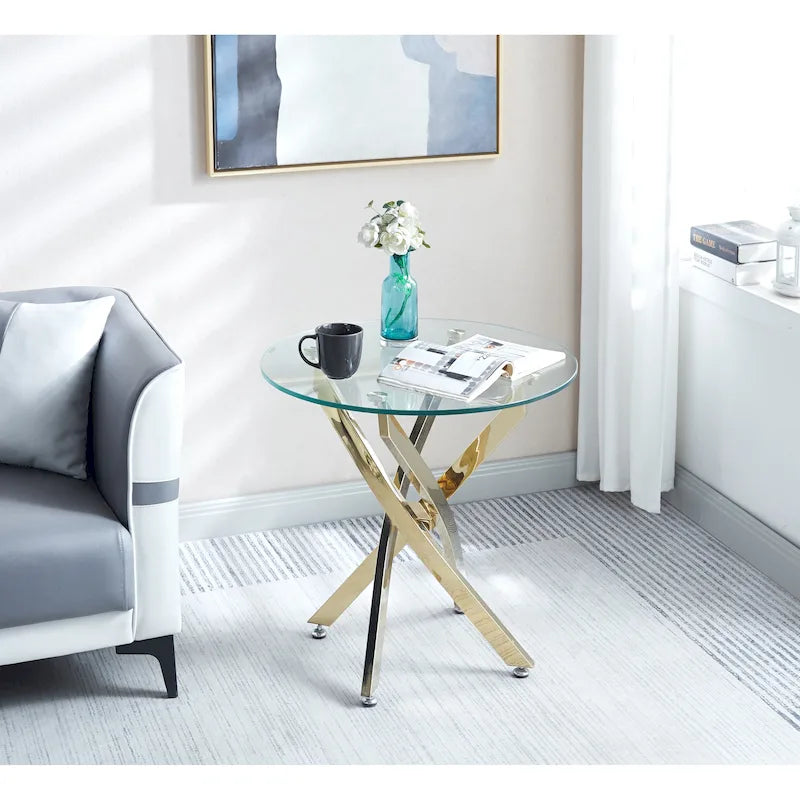 Table d'appoint ronde en verre trempé – Or/Argent, pieds en acier inoxydable, une personne
