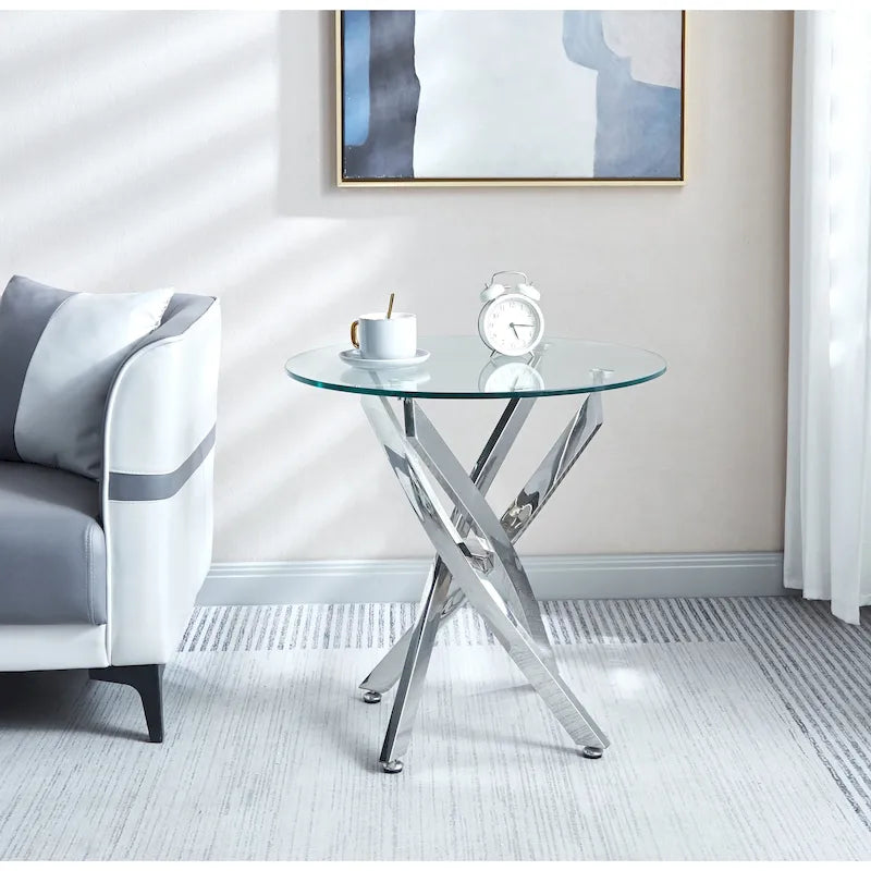 Table d'appoint ronde en verre trempé – Or/Argent, pieds en acier inoxydable, une personne
