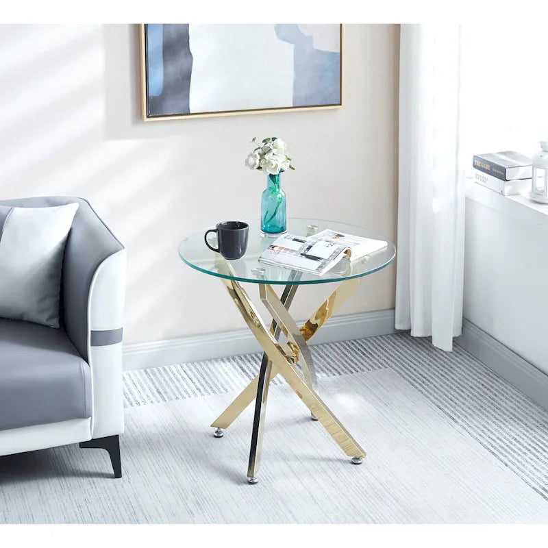 Table d'appoint ronde en verre trempé – Or/Argent, pieds en acier inoxydable, une personne