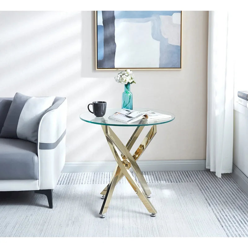 Table d'appoint ronde en verre trempé – Or/Argent, pieds en acier inoxydable, une personne