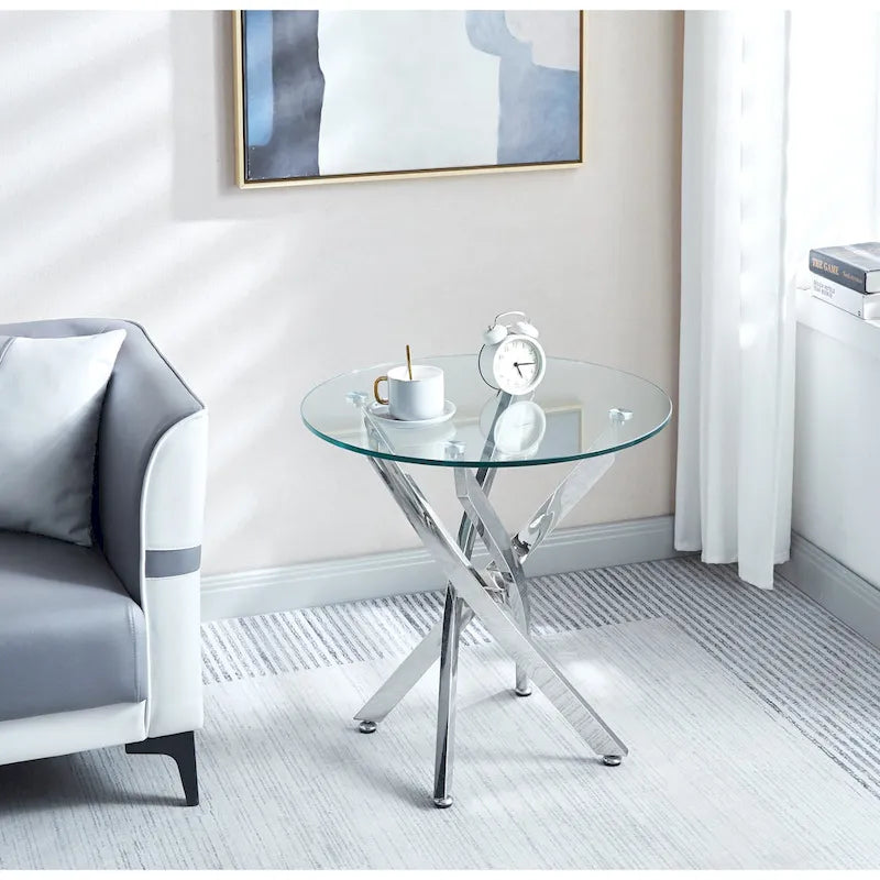 Table d'appoint ronde en verre trempé – Or/Argent, pieds en acier inoxydable, une personne