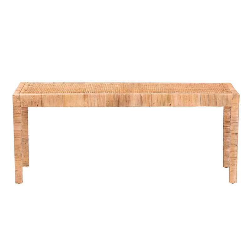 Banc d'appoint bohème en rotin brun naturel et bois d'acajou