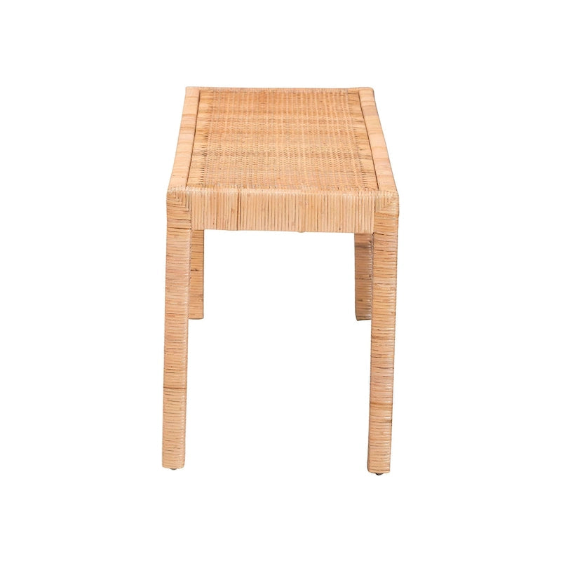 Banc d'appoint bohème en rotin brun naturel et bois d'acajou