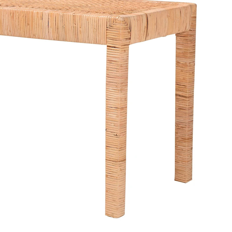 Banc d'appoint bohème en rotin brun naturel et bois d'acajou