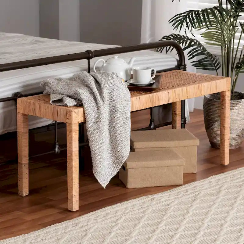 Banc d'appoint bohème en rotin brun naturel et bois d'acajou
