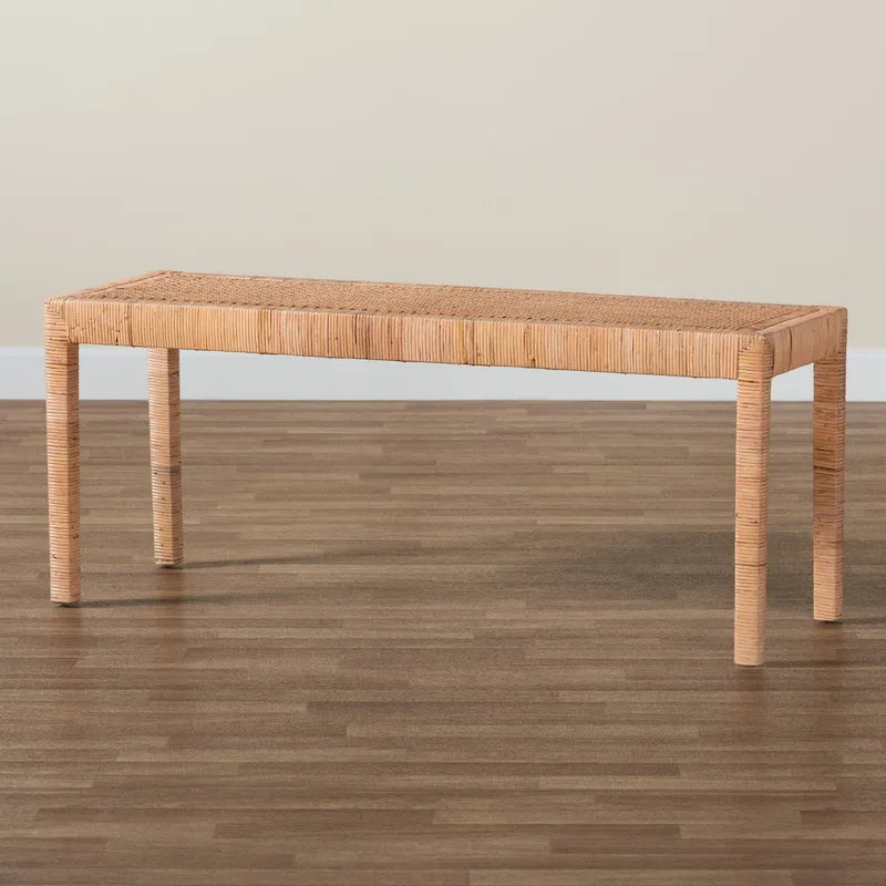 Banc d'appoint bohème en rotin brun naturel et bois d'acajou