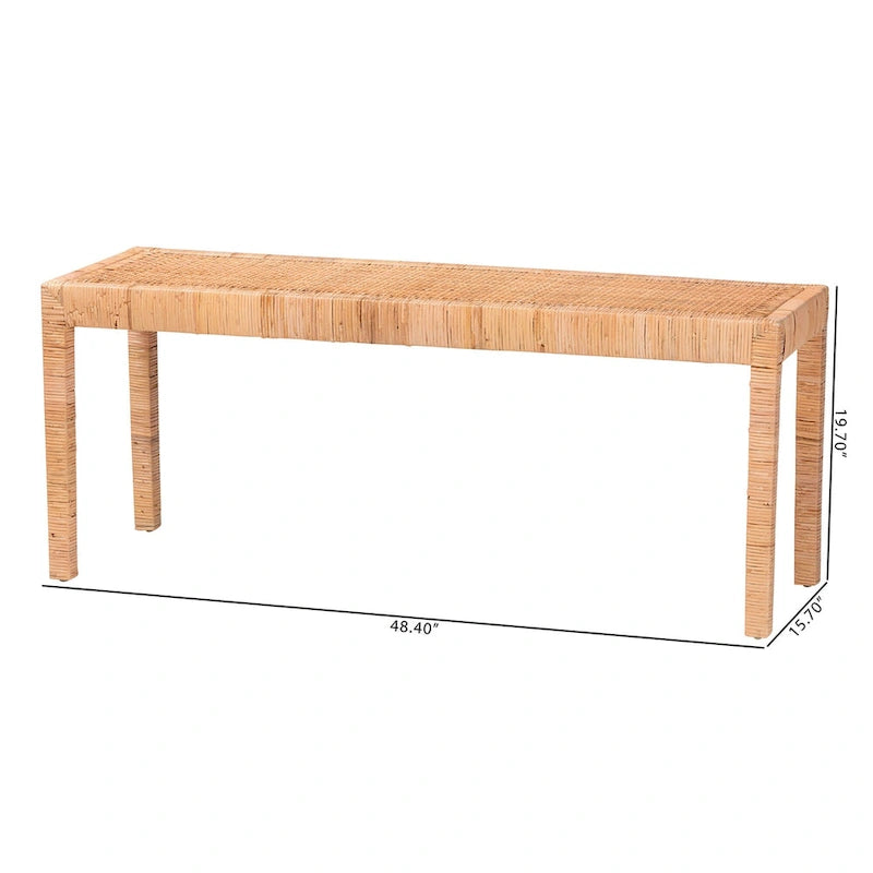 Banc d'appoint bohème en rotin brun naturel et bois d'acajou