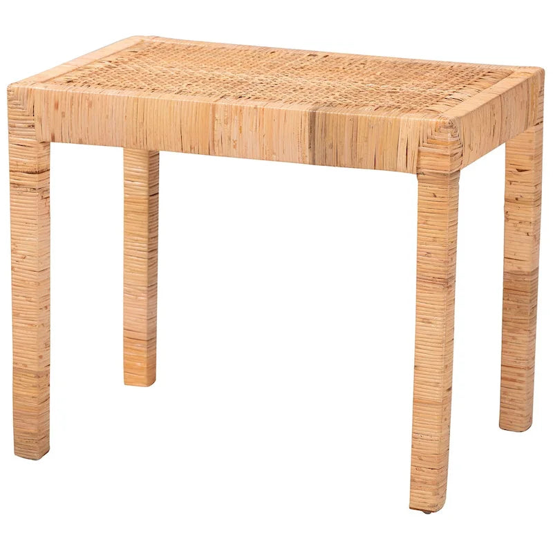 Banc d'appoint bohème en rotin brun naturel et bois d'acajou