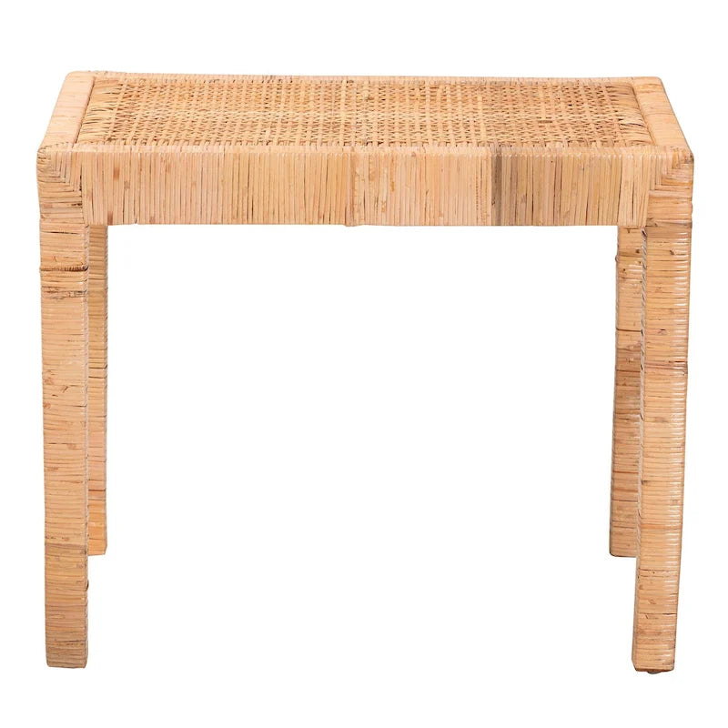 Banc d'appoint bohème en rotin brun naturel et bois d'acajou