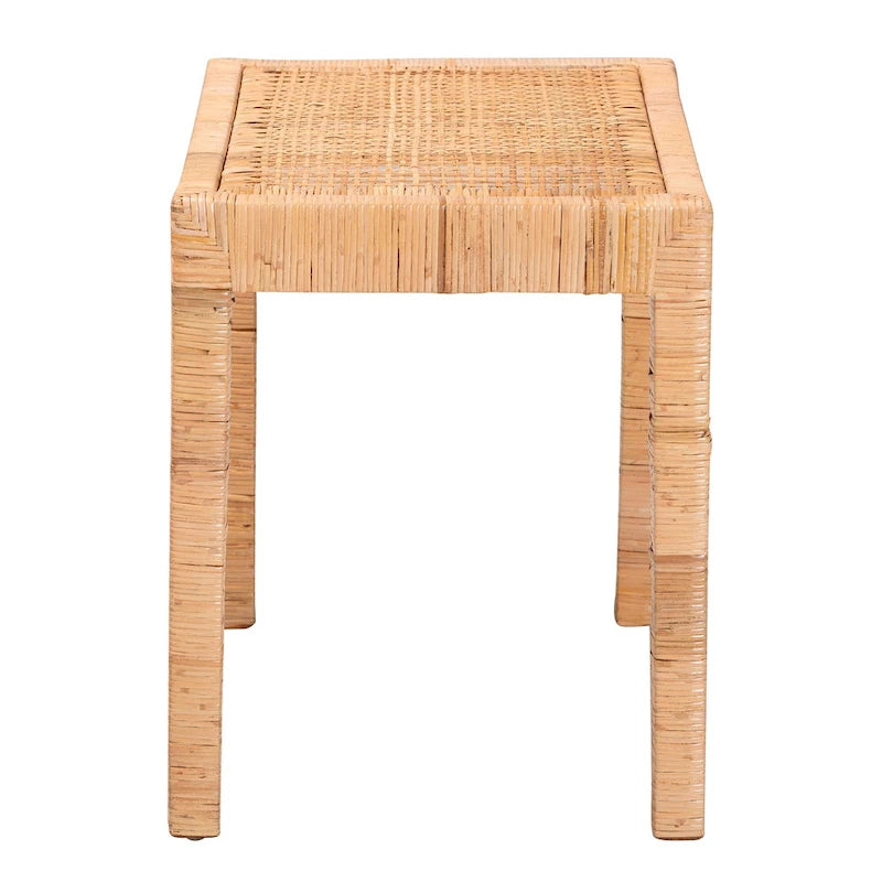 Banc d'appoint bohème en rotin brun naturel et bois d'acajou