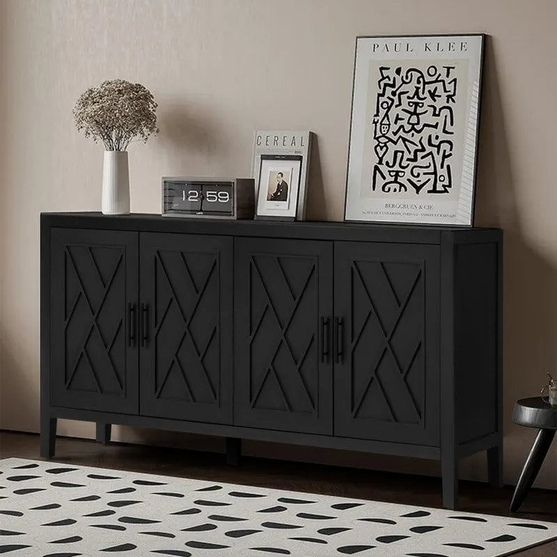 Buffet en bois à 4 portes, motif sergé, style campagne américaine vintage, pour salon, salle à manger, couloir ou entrée