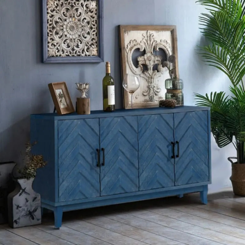 Buffet en bois à 4 portes, motif sergé, style campagne américaine vintage, pour salon, salle à manger, couloir ou entrée