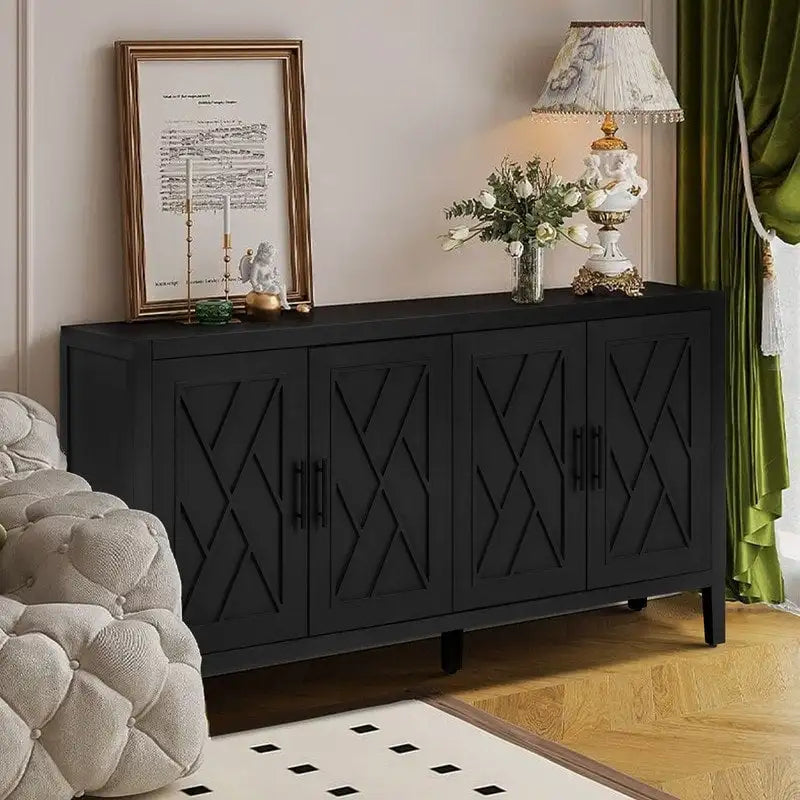 Houten dressoir met 4 deuren, keperpatroon, Amerikaanse landelijke vintage stijl, voor woonkamer, eetkamer, hal en entree