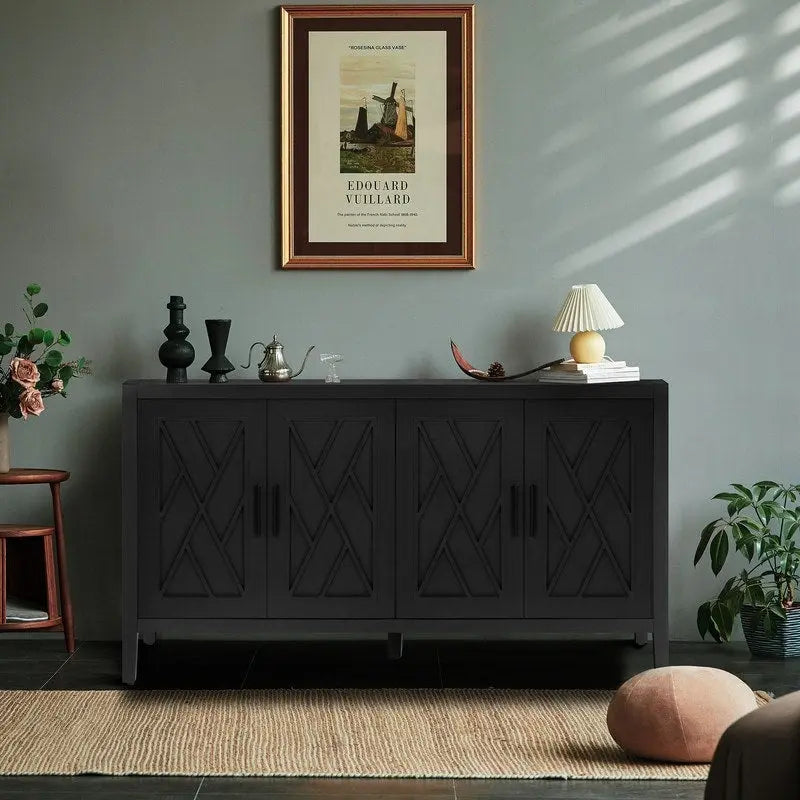 Houten dressoir met 4 deuren, keperpatroon, Amerikaanse landelijke vintage stijl, voor woonkamer, eetkamer, hal en entree