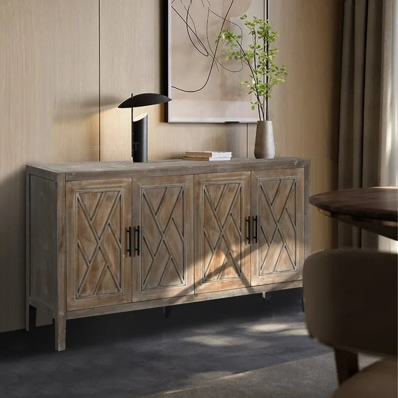 Houten dressoir met 4 deuren, keperpatroon, Amerikaanse landelijke vintage stijl, voor woonkamer, eetkamer, hal en entree