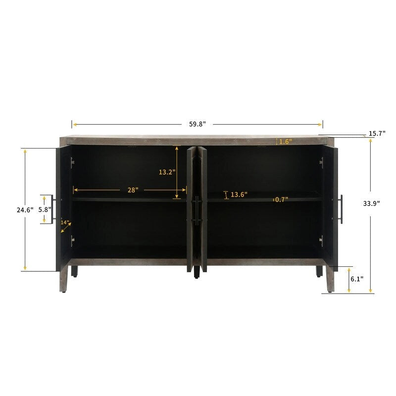 Houten dressoir met 4 deuren, keperpatroon, Amerikaanse landelijke vintage stijl, voor woonkamer, eetkamer, hal en entree