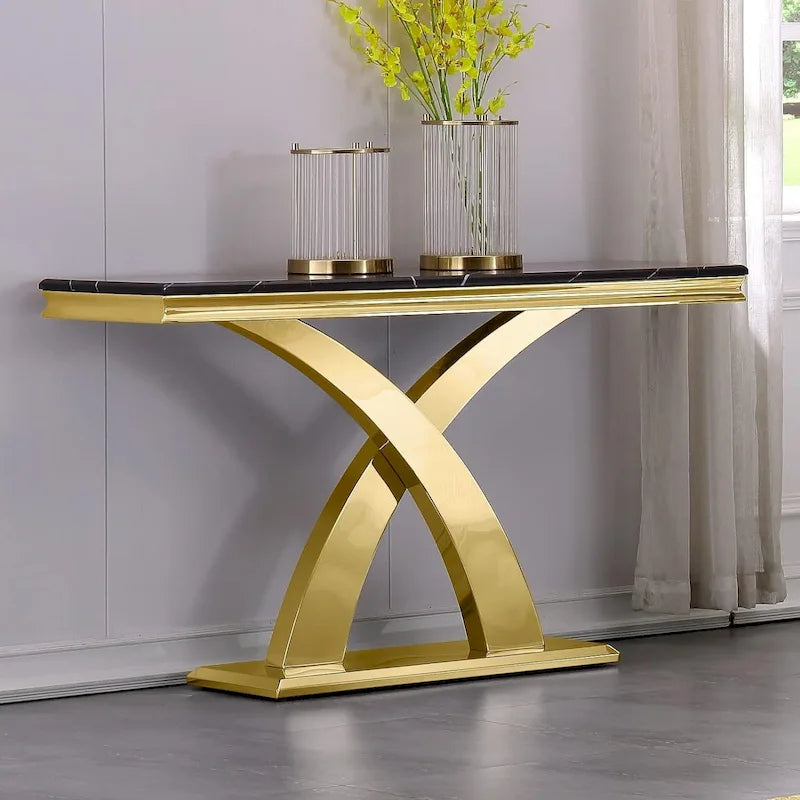 Console Rectangulaire – Or / Argent, Plateau en MDF Moderne et Piétement Double X en Acier Inoxydable, 1–2 Utilisateurs