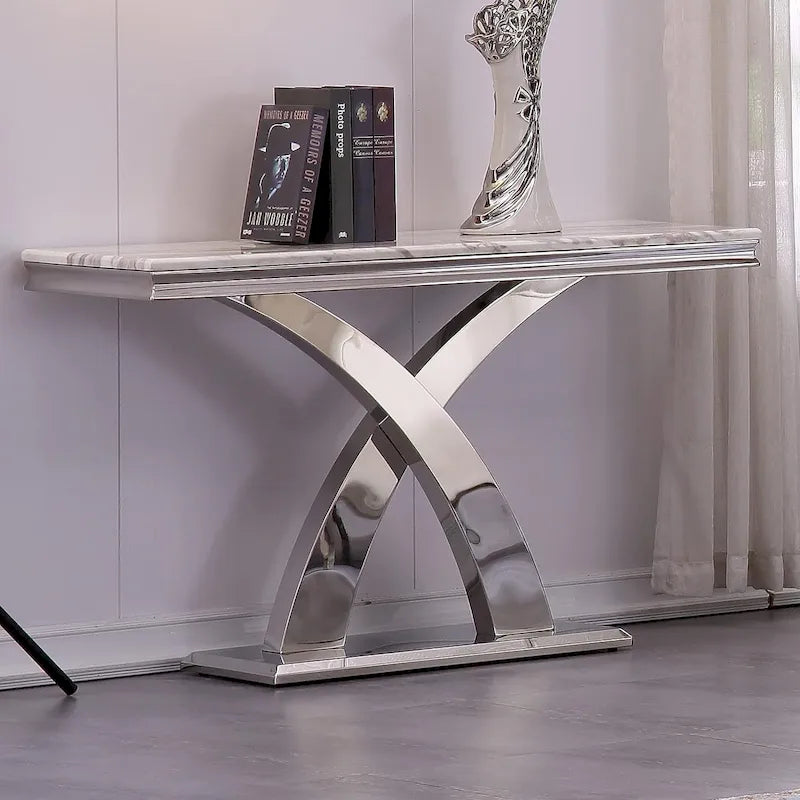 Console Rectangulaire – Or / Argent, Plateau en MDF Moderne et Piétement Double X en Acier Inoxydable, 1–2 Utilisateurs