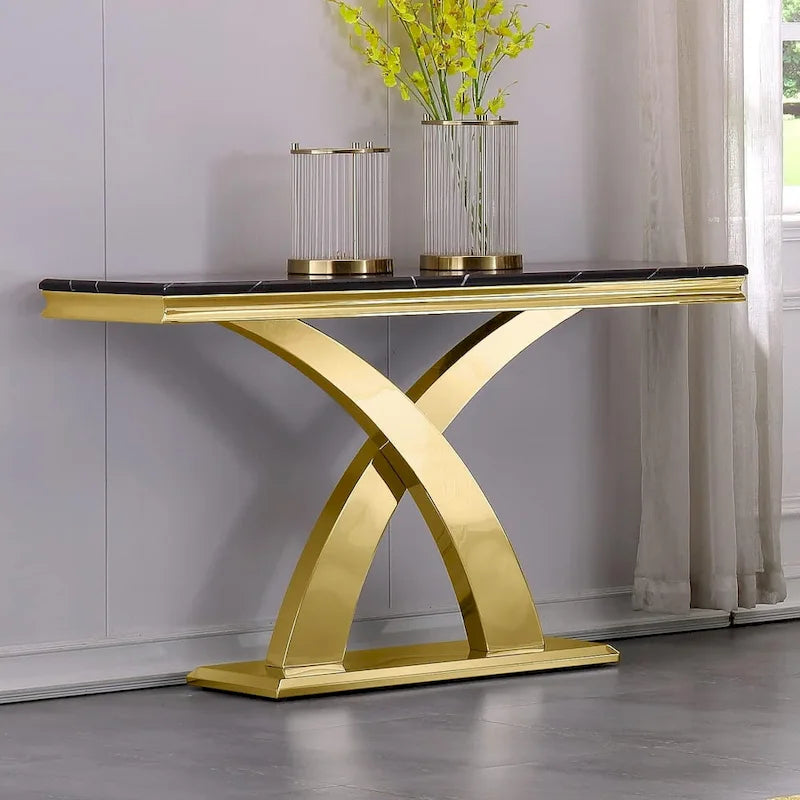 Console Rectangulaire – Or / Argent, Plateau en MDF Moderne et Piétement Double X en Acier Inoxydable, 1–2 Utilisateurs