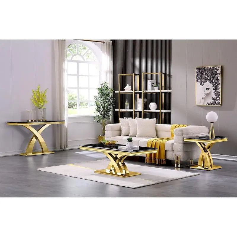 Console Rectangulaire – Or / Argent, Plateau en MDF Moderne et Piétement Double X en Acier Inoxydable, 1–2 Utilisateurs