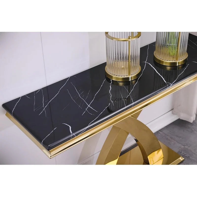 Console Rectangulaire – Or / Argent, Plateau en MDF Moderne et Piétement Double X en Acier Inoxydable, 1–2 Utilisateurs