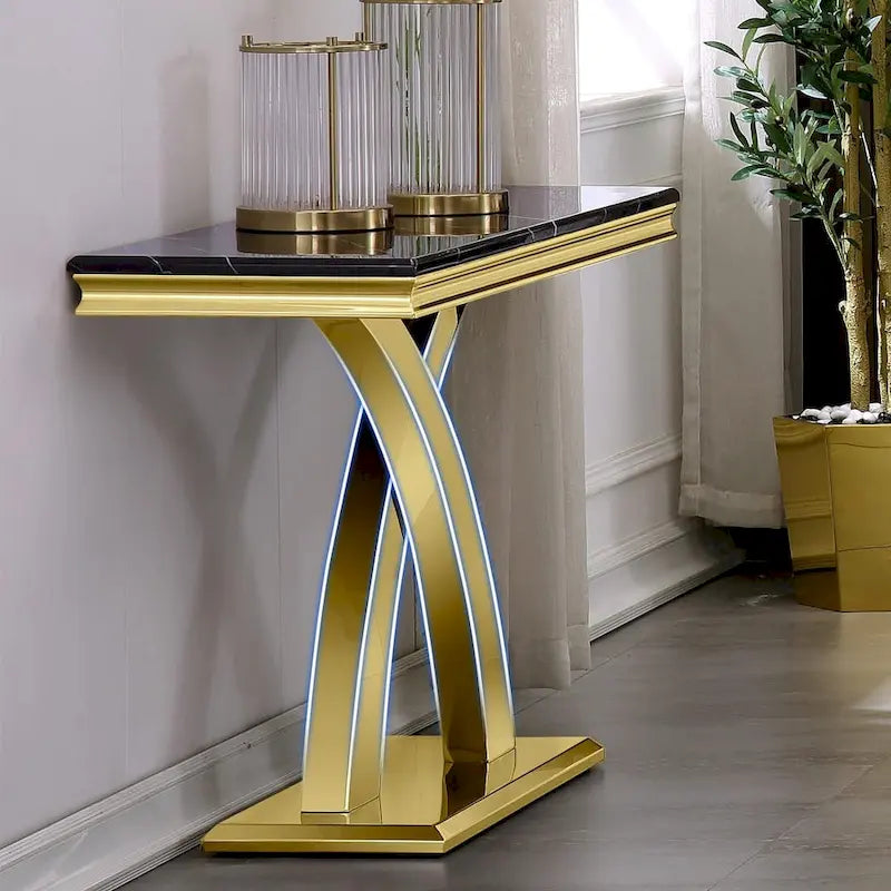 Console Rectangulaire – Or / Argent, Plateau en MDF Moderne et Piétement Double X en Acier Inoxydable, 1–2 Utilisateurs