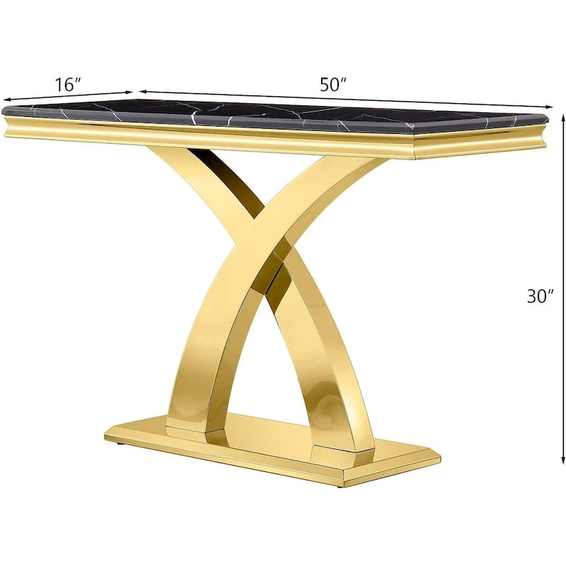 Console Rectangulaire – Or / Argent, Plateau en MDF Moderne et Piétement Double X en Acier Inoxydable, 1–2 Utilisateurs