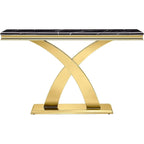 Console Rectangulaire – Or / Argent, Plateau en MDF Moderne et Piétement Double X en Acier Inoxydable, 1–2 Utilisateurs