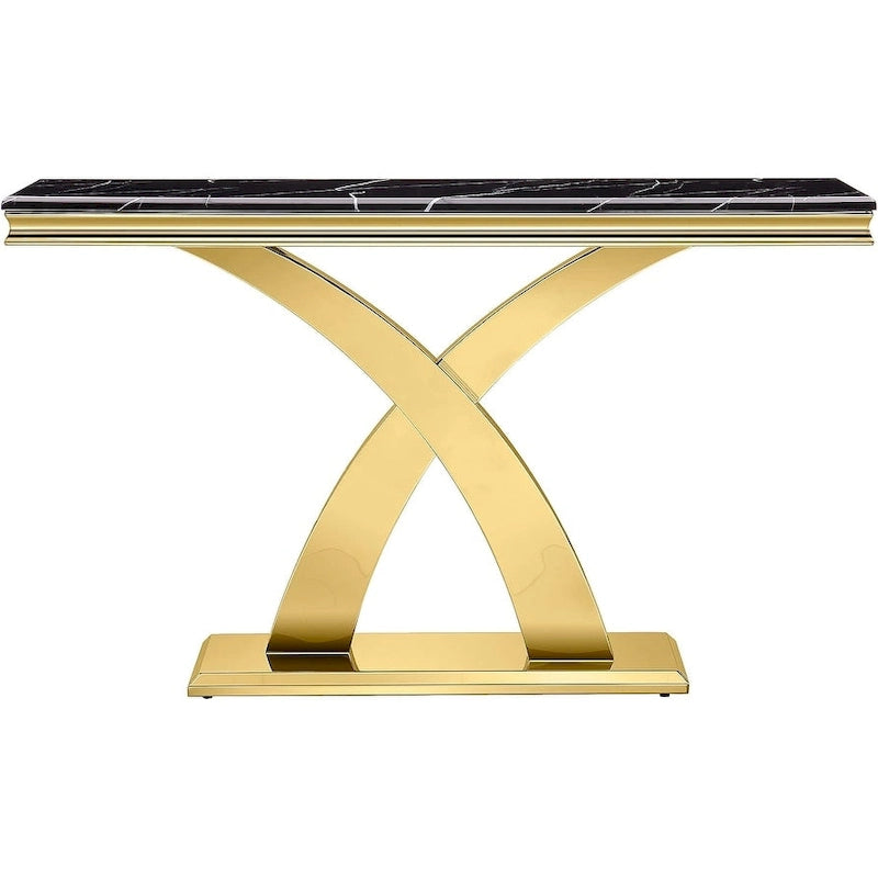 Console Rectangulaire – Or / Argent, Plateau en MDF Moderne et Piétement Double X en Acier Inoxydable, 1–2 Utilisateurs