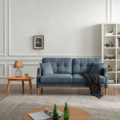 Canapé 3 places en tissu avec port de chargement USB – Bleu foncé / Gris clair / Bleu / Jaune, Rembourrage en mousse moderne imperméable, 3 utilisateurs