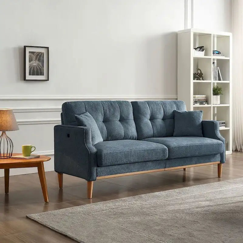 Canapé 3 places en tissu avec port de chargement USB – Bleu foncé / Gris clair / Bleu / Jaune, Rembourrage en mousse moderne imperméable, 3 utilisateurs
