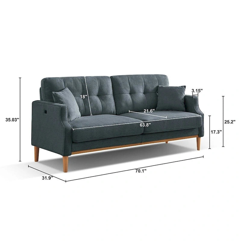 Canapé 3 places en tissu avec port de chargement USB – Bleu foncé / Gris clair / Bleu / Jaune, Rembourrage en mousse moderne imperméable, 3 utilisateurs