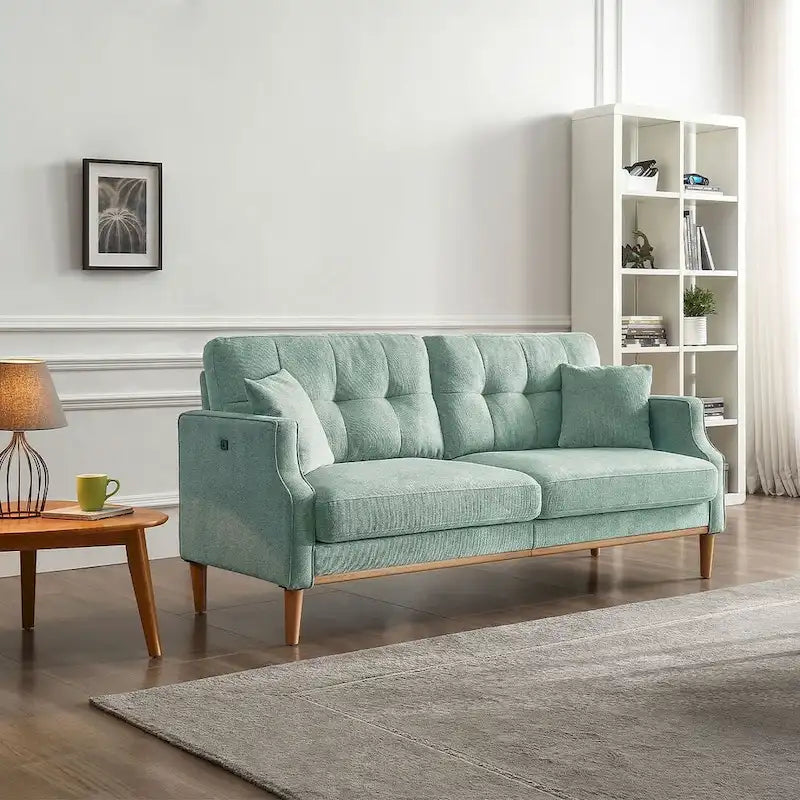 Canapé 3 places en tissu avec port de chargement USB – Bleu foncé / Gris clair / Bleu / Jaune, Rembourrage en mousse moderne imperméable, 3 utilisateurs