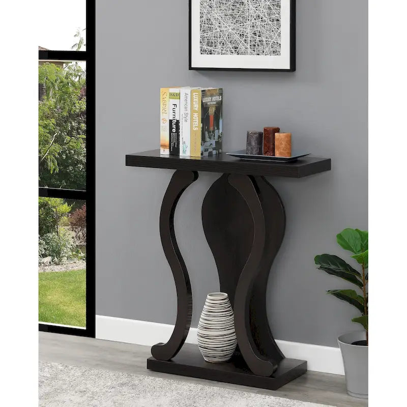 Console avec étagère – Expresso / Noir / Faux marbre noir, bois arqué moderne, utilisateur unique