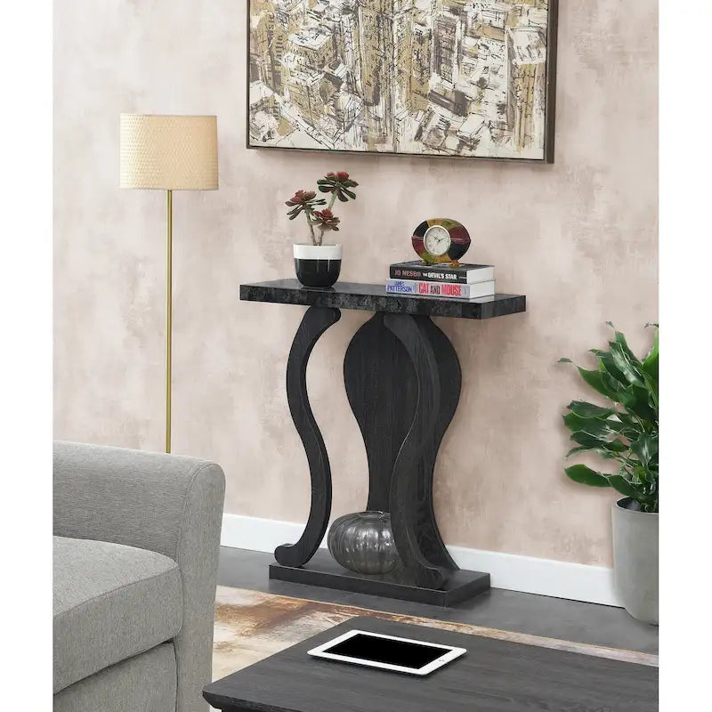 Console avec étagère – Expresso / Noir / Faux marbre noir, bois arqué moderne, utilisateur unique