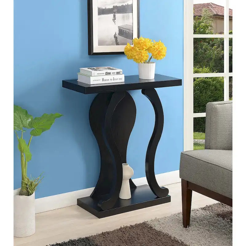 Console avec étagère – Expresso / Noir / Faux marbre noir, bois arqué moderne, utilisateur unique