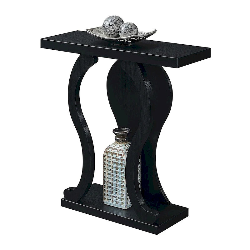 Console avec étagère – Expresso / Noir / Faux marbre noir, bois arqué moderne, utilisateur unique