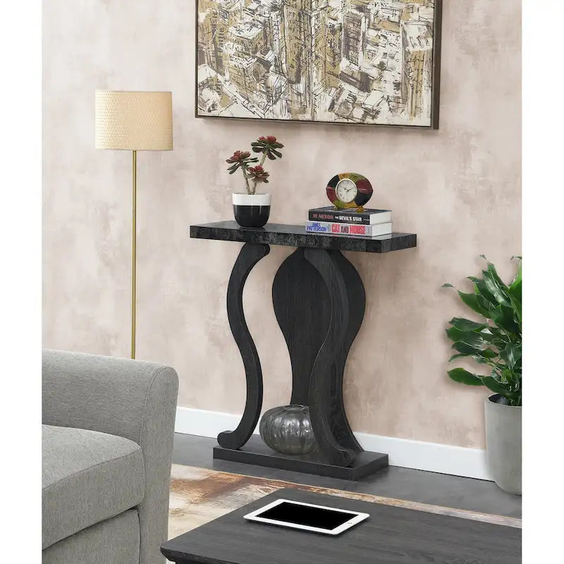 Console avec étagère – Expresso / Noir / Faux marbre noir, bois arqué moderne, utilisateur unique